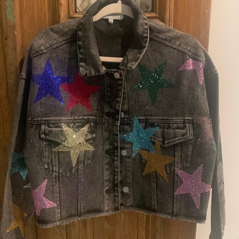 Peach Love oversized distressed black denim jacket with rhinestone stars. NWOT